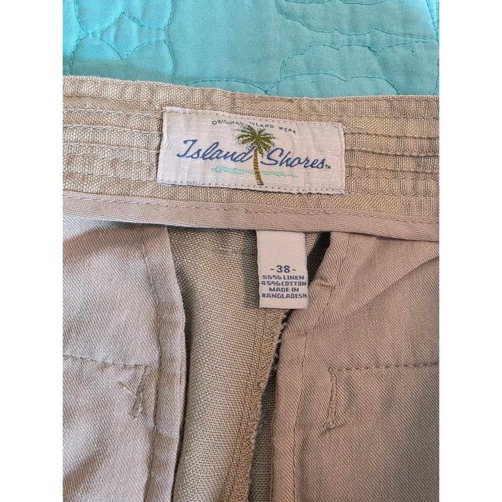 Island Shores Mens 38 Khaki Tan Linen Cotton Blend Cargo Shorts Tropical Casual